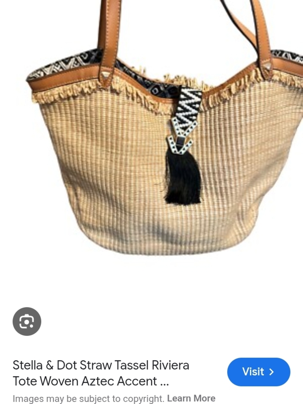Stella & Dot Natural Straw Tassel Riviera Tote with Black Aztec Accent